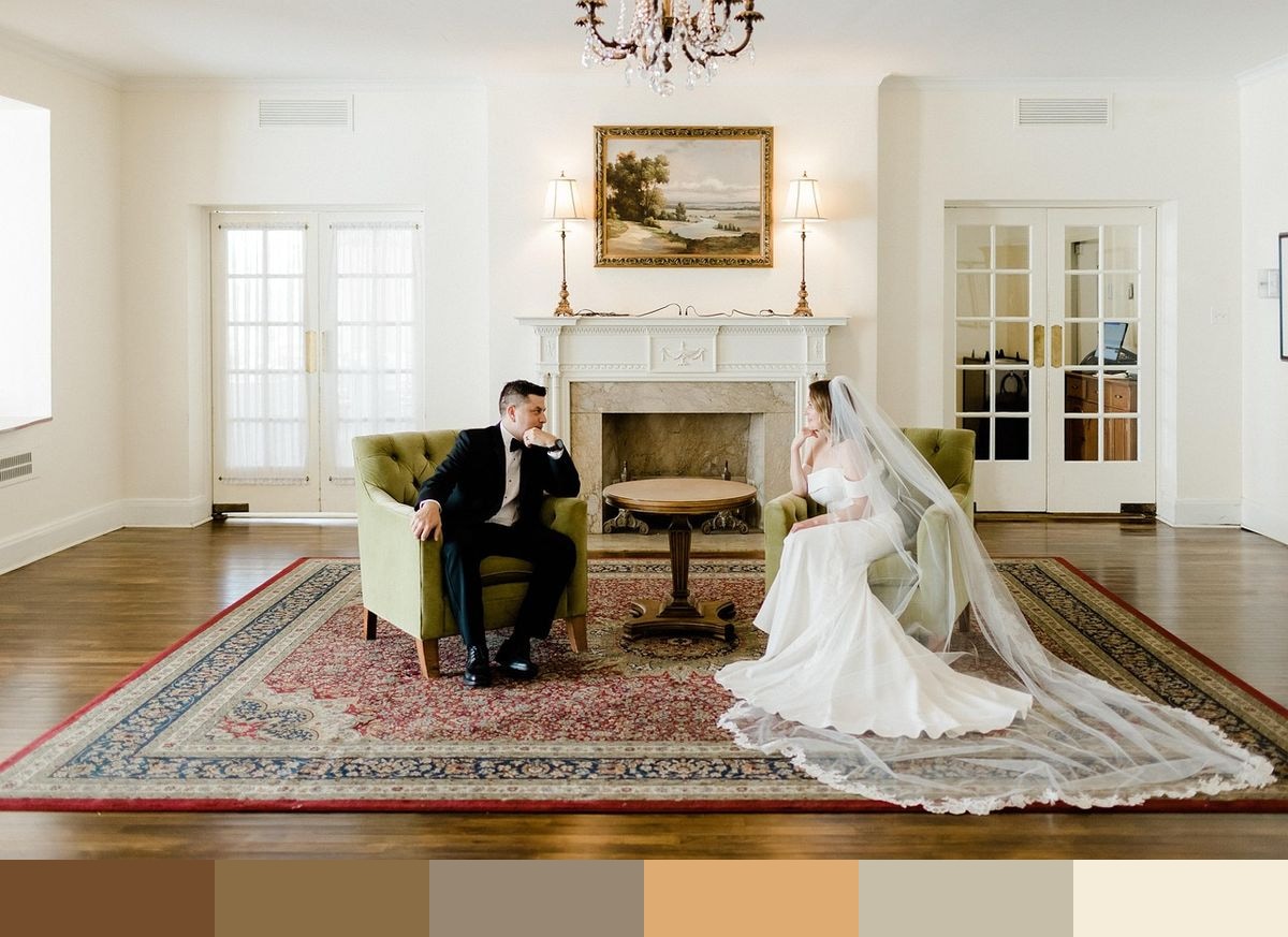 Bride and groom sitting together color palette