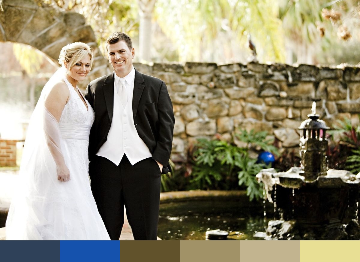 Bride, Groom and a rock wall color palette