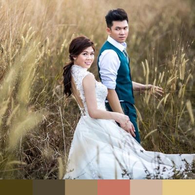 Wedding couple in a field color palette