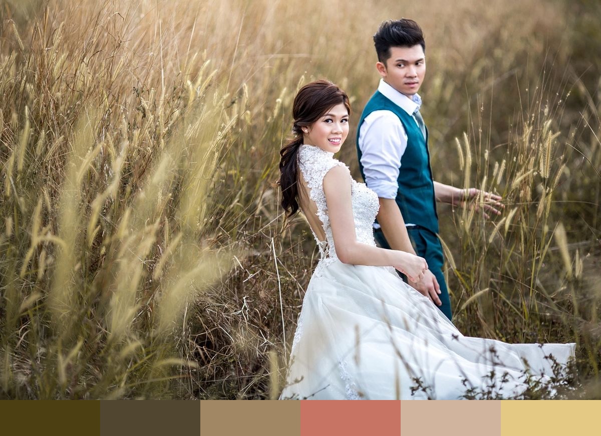 Wedding couple in a field color palette