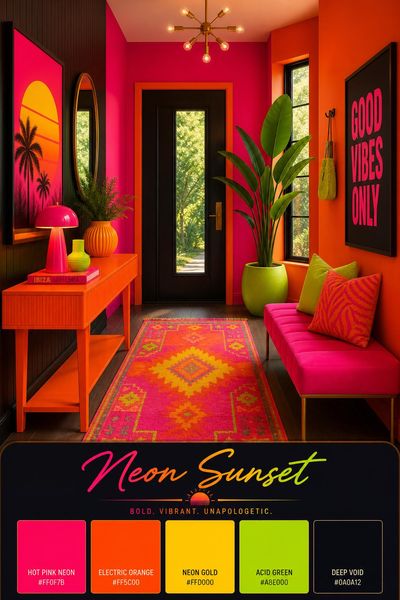 Interior design mockup of Neon Sunset color palette in use