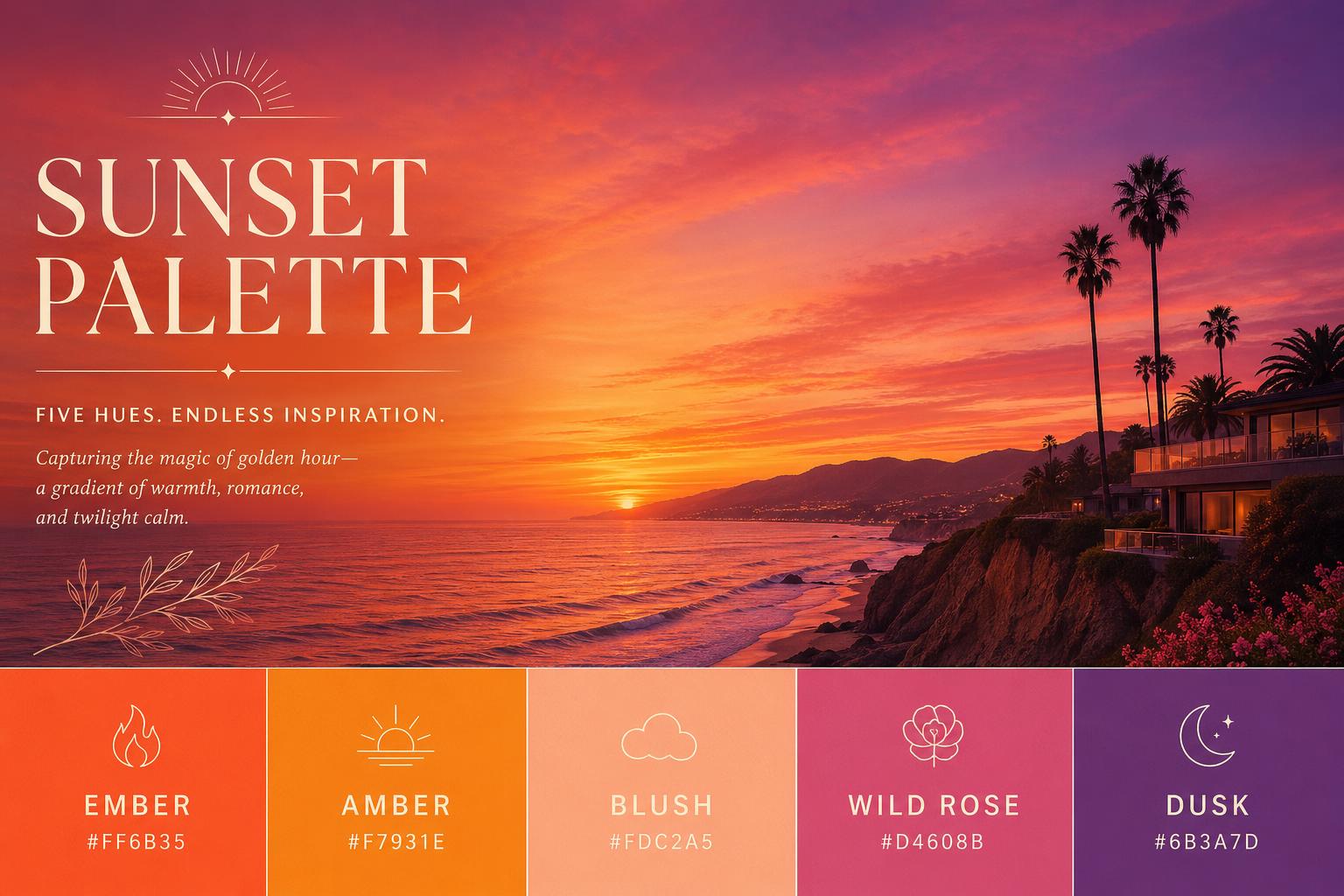 Sunset Color Palette — Ember, Amber, Wild Rose, and Dusk Hex Codes